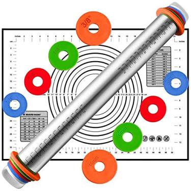 Imagem de Rolo de massa de aço inoxidável com tapete de assar para pastelaria – Conjunto de rolo inclui tapete de silicone, pizza, torta, pastelaria, macarrão, biscoitos e pão CULINNÁ