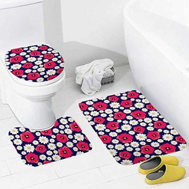 Imagem de Conjunto de tapetes e tapetes de banheiro com 3 peças, margarida, vermelho, branco, tapete de banheiro de espuma viscoelástica, lavável, antiderrapante, tapete de contorno e tampa para banheiro