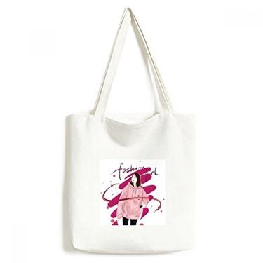 Imagem de Fashion Girl Figure Art Design Ilustration Tote Canvas Bag Shopping Satchel Casual Bolsa