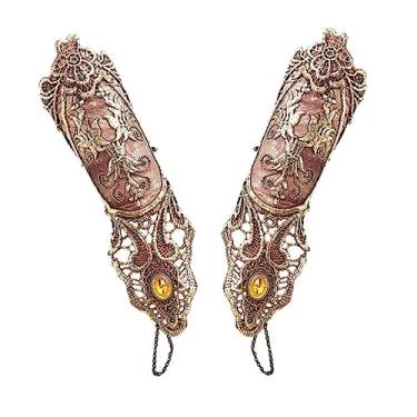 Imagem de Luvas femininas de renda sem dedos da Juland, anel de pulso estilo Steampunk de renda floral gótico, vintage, com contas, feito à mão, luvas com cadarço, conjunto de pulseiras para noivas – 1 par – Tamanho P bronzeador