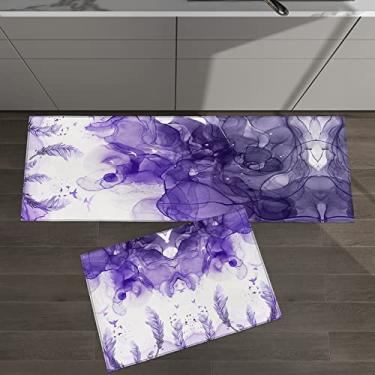Imagem de Conjunto de 2 tapetes de cozinha abstrata pintura de tinta de pássaro roxo branco para tapetes acolchoados no chão e tapetes antiderrapantes absorventes corredor confortável tapete de pé