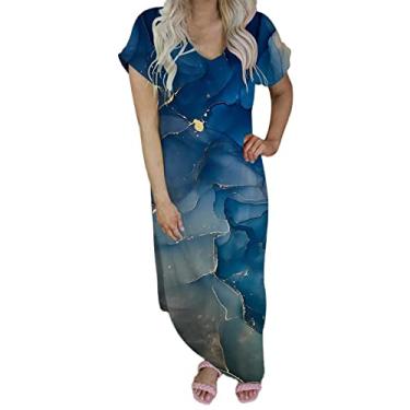 Imagem de Vestido longo colado ao corpo feminino casual manga curta/longa vestido maxi feminino floral estampado recorte vestido bodycon, Azul-marinho, XXG