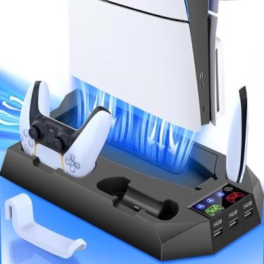 Imagem de Estação de resfriamento PS5 Slim. Para ps5 e ps5 slim disc/edição digital base de suporte vertical com carregador de controlador duplo/suporte de fone de ouvido/3 hubs usb (preto)
