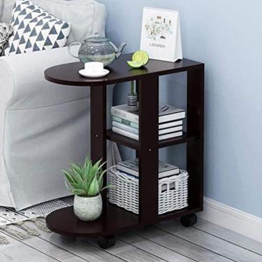 Imagem de Mesa lateral Mesa de centro Mesa final Sofá Mesa lateral da sala de estar Mesa de centro de madeira sobre rodas com 2 prateleiras de armazenamento Suporte para tablet, nogueira preta