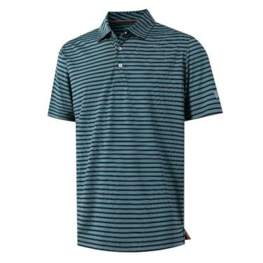 Imagem de M MAELREG Camisas de golfe masculinas manga curta ajuste seco casual listrado desempenho absorção de umidade colarinho camisas polo masculinas, Azul-marinho turquesa, 3G