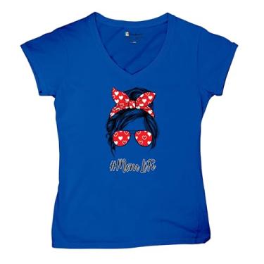 Imagem de Camiseta feminina Mom Life Messy Bun gola V moderna maternidade maternidade dia das mães mãe mamãe #Momlife camiseta, Azul, M