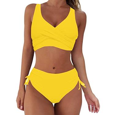 Imagem de Conjunto de biquíni de praia feminino, sexy, plus size, tanga de cintura alta, controle de barriga, biquíni estilingue, Amarelo, GG