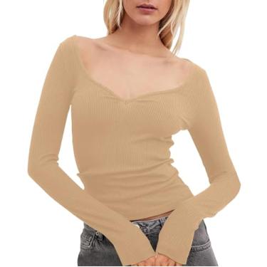 Imagem de Camisas femininas de manga comprida com decote em coração na moda casual básica camiseta slim fit feminina tops, Caqui, G