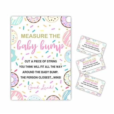 Imagem de Conjunto de jogo Measure The Baby Bump para chá de bebê - Sweet Donut How Big is Mommy's Belly Sign, 1 placa de pé com 50 ingressos, revelação de gênero, artigos de festa e decoração de anúncio de