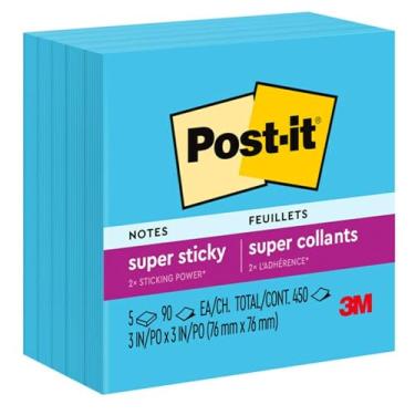Imagem de Post-it Super Sticky Notes, 450 Total Notes, Pack of 5 Pads, 3" x 3", Electric Blue, 90 Notes Per Pad