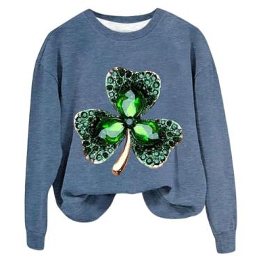 Imagem de Suéter feminino do Dia de São Patrício, xadrez, trevo, verde, camiseta de São Patrício, manga comprida, pulôver despojado, Azul, GG