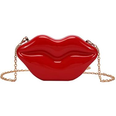 Imagem de QZUnique Bolsa de mão Lips para noite, bolsas de acrílico para banquete, corrente dourada/prata/bronze, bolsa de ombro feminina fashion, Vermelho