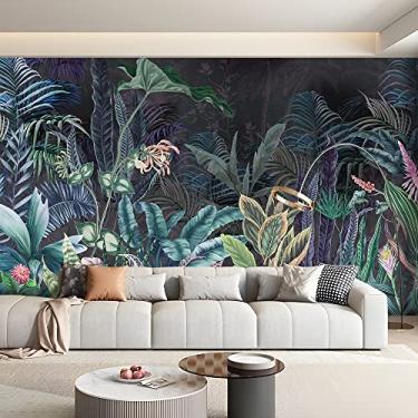 Imagem de Papel de parede floresta, floresta, selva, 383,5 x 266,7 cm, autoadesivo, impermeável, vintage, verde/azul, árvores, folhas, murais de papel de parede para quarto, sala de estar, TV, sofá, decoração