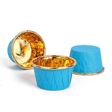 Imagem de GOLDEN APPLE, Mini copos de papel alumínio para assar bolo, 50 peças, forros para muffins, formas de cupcake, forros de copo para festa de casamento, festivais de cupcake, azul pequeno em ouro