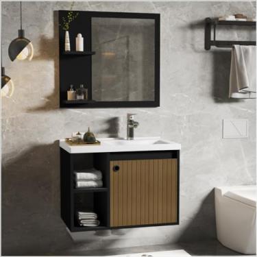 Imagem de CONJUNTO GABINETE COM ESPELHEIRA E CUBA PARA BANHEIRO 60CM ADONIS - MDF/MDP/MARMORE SINTETICO (Preto/Ripado)