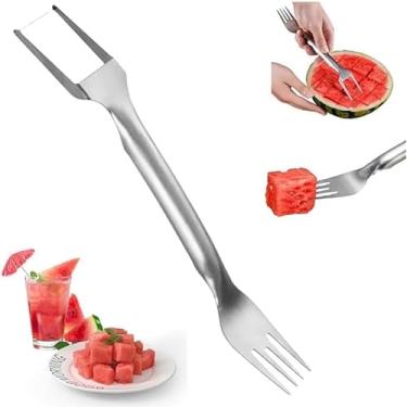 Imagem de Cortador e fatiador de melancia 2 em 1, faca de frutas de aço inoxidável com garfo, ferramenta portátil de corte de frutas de cabeça dupla para casa (1)