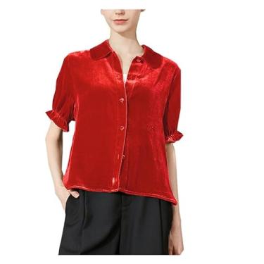 Imagem de Camisa feminina de manga curta com gola de boneca primavera e verão de veludo de seda, Vermelho, M