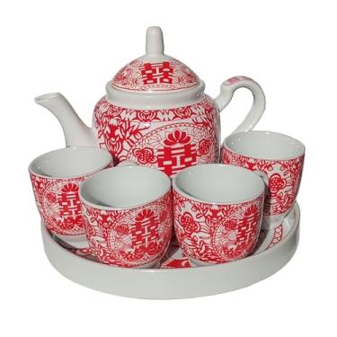 Imagem de Conjunto de chá chinês de porcelana, bule de chá, 4 xícaras, bandeja para adultos, homens, mulheres, cerimônias de chá, festa de casamento, decoração de casa (felicidade dupla)