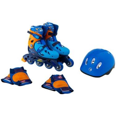 Imagem de Patins In Line Infantil Fun Hot Wheels - Azul e Preto com Acessórios, 