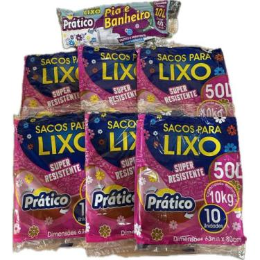 Imagem de Kit c/ 6 saco de lixo 50 litros preto prático pct/ 10 unid - E A COSTA