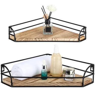 Imagem de Photect Suporte de parede de prateleira de canto, prateleiras flutuantes de canto de madeira, conjunto de 2, prateleira de canto de banheiro armazenamento e exibição prateleiras de plantas suspensas