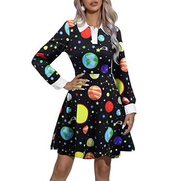 Imagem de Laqeyko Women Miss Frizzle Dress Peter Pan Collar Science Teacher Costume Magic School Bus Costume Galaxy Space Planet Halloween Dress Black LA246-3-M