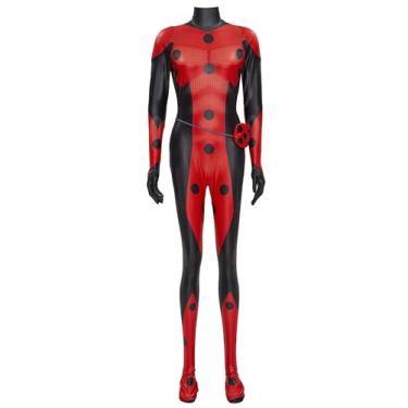 Imagem de Micotaku Miraculous Fantasia feminina oficialmente licenciada Mister Bug cosplay preto e vermelho macacão elástico fantasia de Halloween, Vermelho, M