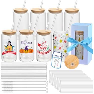 Imagem de MAFYE Placas de vidro de sublimação com tampa de bambu, lata de cerveja de sublimação transparente de 473 ml, vidro com canudos de vidro, caixa de presente, pote de pedreiro, copos de caneca copo de viagem para cerveja, suco, refrigerante, café gelado, bebidas (pacote com 8)