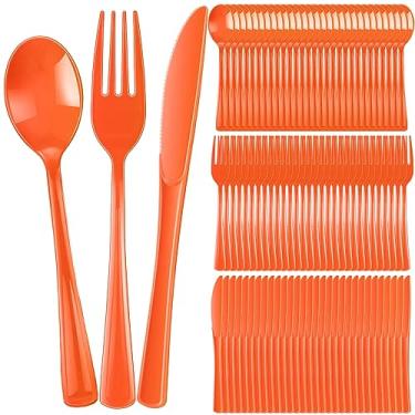 Imagem de Conjunto de talheres de plástico com 300 peças, conjunto de talheres resistentes, inclui 100 colheres descartáveis, 100 garfos e facas para festas, reuniões de família (laranja)