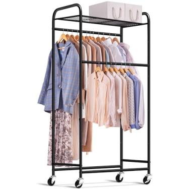 Imagem de AOODA Suporte de roupas longo de haste dupla para pendurar roupas, rack de roupas resistente com prateleiras superiores, armazenamento de pano de guarda-roupa portátil com rodas para vestidos,