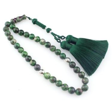 Imagem de beirunde Tasbih Tesbih 33 contas de oração islâmicas, Misbaha Masbaha Tasbeeh Sibha miçangas, islamismo muçulmano Subha Sebha Worry Beads, Rosário Alá Maomé, pedra natural epidote vermelho-verde,