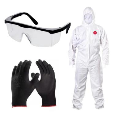 Imagem de Macacão Descartável Proteção Kit Epi Segurança Luva Óculos  Tecido Lam