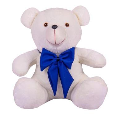 Imagem de Urso Teddy De Pelúcia Tamanho 50cm G - LuckBaby02, Branco com laço azu