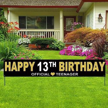 Imagem de Banner Happy 13th Birthday 3 x 0,5 m tecido de poliéster preto e dourado oficial adolescente 13 aniversário decoração suprimentos sinal