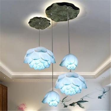 Imagem de Lâmpada Pendente de Lótus Contemporânea Chinesa Retro Criatividade Sala de Estar Restaurante Quarto Villa Hotel Escadaria Tearoom Bar Decoração LED Candelabro (Azul 4 luzes)