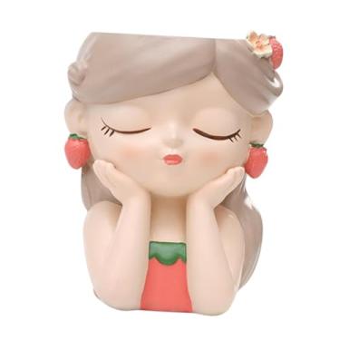 Imagem de Fenteer Cartoon Girl Planter Vaso de Plantas Decorativo Vaso de Mesa Pequeno Vaso de Flores de Resina para Ao Ar Livre Prateleira de Entrada Interna, Cinza Vermelho