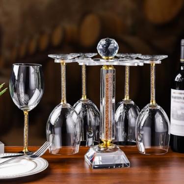Imagem de Hanjue Suporte de copos de cristal, gira para segurar 6 taças de vinho, suporte de vidro (diamantes dourados)