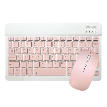 Imagem de Kit Mini Teclado + Mouse Sem Fio Bluetooth, Recarregável USB, Teclado Padrão Brasileiro, Slim, Ergonômico, Portátil, Compatível com Tablet, Celular, Smartphone, Notebook, iPhone, iPad. (Rosa)