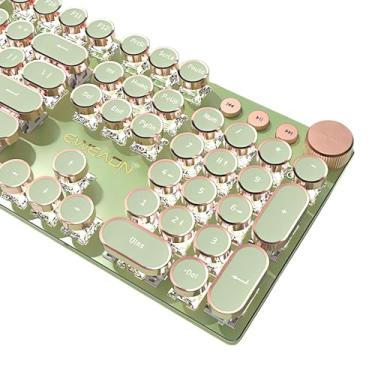 Imagem de TISHLED Teclado mecânico para jogos estilo máquina de escrever branco retroiluminado por LED 104 teclas NKRO rosa interruptores redondos retrô anel dourado botão de volume painel de metal cabo