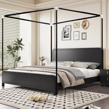Imagem de Estrutura de cama de dossel de aço inoxidável, tamanho king, postes robustos, moldura de dossel tamanho king engrossada para cama de metal, cama de madeira, decoração de quarto, preta