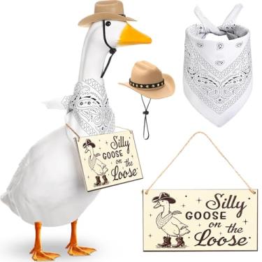 Imagem de Silicherry Conjunto engraçado de decoração de ganso de varanda Silly Goose on The Loose Hangings Sign Cowboy com roupa chapéu de cowboy e bandana para cimento/plástico de 58 cm estátua ao ar livre