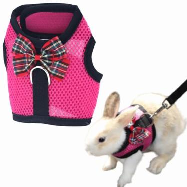 Imagem de Peitoral e coleira de coelho para caminhar, à prova de fuga, colete macio ajustável para coelhinho, porquinho-da-índia, conjunto de coleira para animais pequenos (rosa, M)
