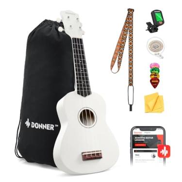 Imagem de Donner Ukulele Soprano para iniciantes, 53 cm, kit de ukulele fosco para iniciantes com alça de bolsa, palitos de afinador de cordas, aulas online grátis (branco)