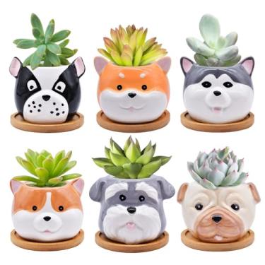 Imagem de Pacote com 6 vasos fofos para suculentas com drenagem – vasos de cerâmica para filhotes de cachorro para plantas pequenas e cactos, mini vasos de flores em forma de animal, mesa e decoração de casa,