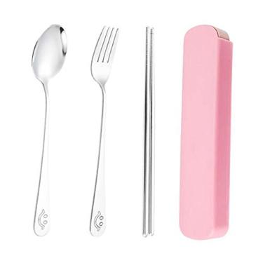 Imagem de WOIWO Conjunto de 3 peças de utensílios de mesa portáteis de aço inoxidável para viagens ao ar livre, garfo sorridente, colher, pauzinhos (rosa)