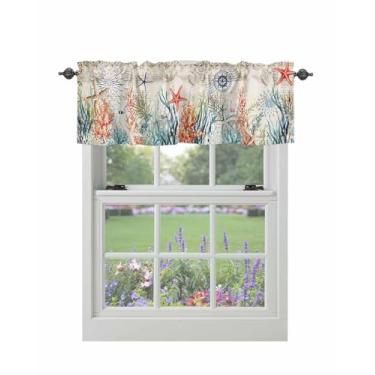 Imagem de Cortina sanfonada para janelas oceano costeira estrela do mar coral bolso haste sanefa tratamentos vintage vida marinha cortinas curtas para cozinha janelas sala de estar quarto decoração 106,7 x 30,5