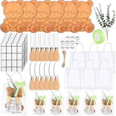 Imagem de 6 conjuntos de presentes para vencedores do jogo de chá de bebê, 44 peças, bambu, tábua de queijo, faca e garfo, hastes artificiais de eucalipto com cartões e sacos de presente (urso)