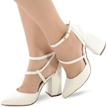 Imagem de Sapato Scarpin Re&Ton Salto Grosso Tiras Confortável SC14, Branco, 38
