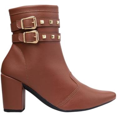 Imagem de Bota Feminina, Salto Grosso, Bico Fino, Cano Curto, Ankle Boot com Fivelas e Tachas, Marrom e Preta, Via Angel 6802 (Caramelo, BR, Adulto, Numérico, 35)