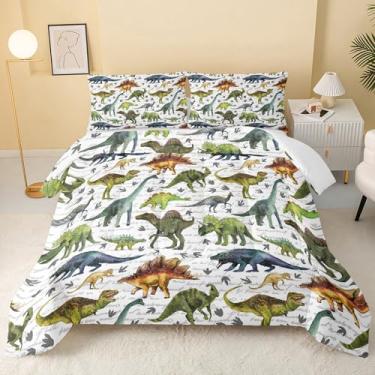 Imagem de QOOMO Conjunto de edredom com desenho animado de dinossauro, jurássico, preto, tamanho casal, com 2 fronhas, microfibra leve para todas as estações